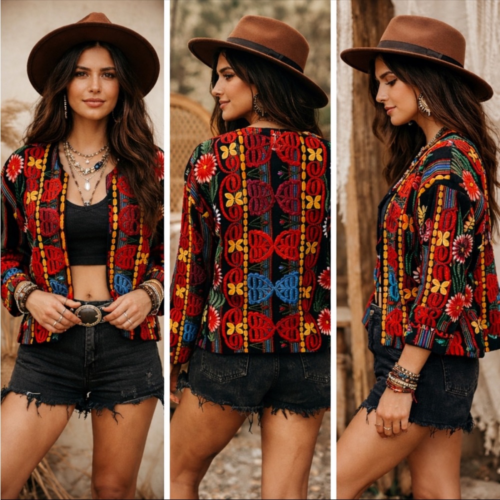 Vintage Guatemalan Cotton Handmade Embroidered Jacket Sz Lg Boho Ethnic Artsy